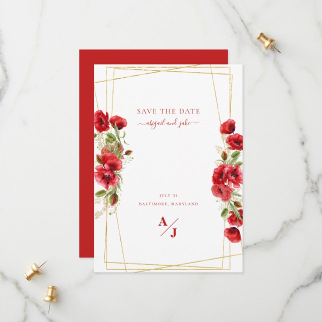 Elegant Red Floral Geometric  Save The Date (Front/Back In Situ)