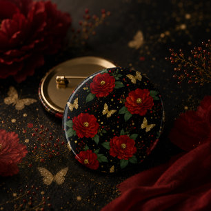 Elegant Red Floral & Gold Butterfly Button