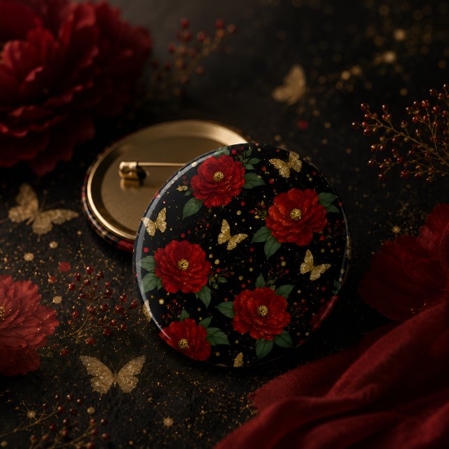 Elegant Red Floral & Gold Butterfly Button (Creator Uploaded)