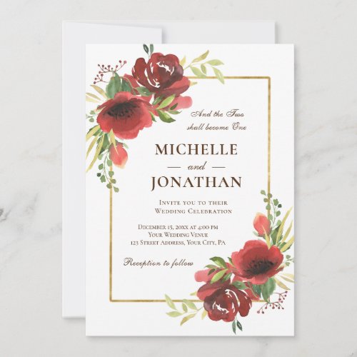 Elegant Red Floral Gold Frame Christian Wedding Invitation