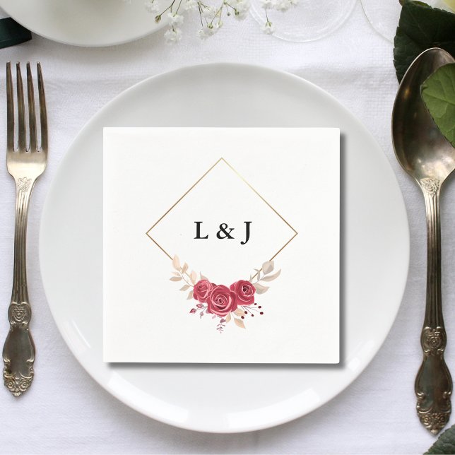 Elegant Red Floral Gold Frame Initials Wedding Napkins (Creator Uploaded)
