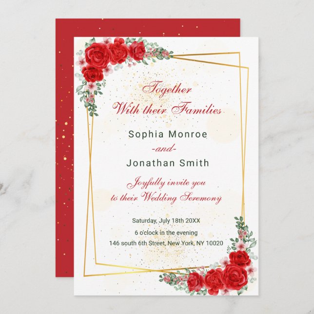 elegant red floral gold frame wedding invitation (Front/Back)