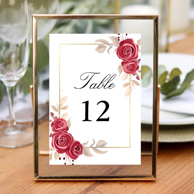 Elegant Red Floral Gold Frame Wedding Table Number (Creator Uploaded)
