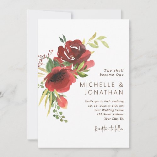 Elegant Red Floral Greenery Christian Wedding Invitation