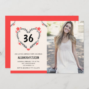 Elegant Red Floral Heart for her 36th birthday Invitation