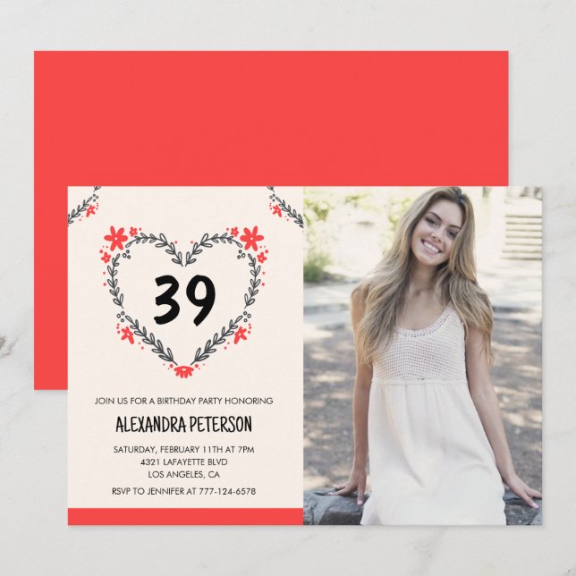 Elegant Red Floral Heart for her 39th birthday Invitation (Front/Back)