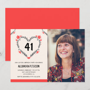 Elegant Red Floral Heart for her 41st birthday Invitation