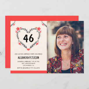 Elegant Red Floral Heart for her 46th birthday Invitation