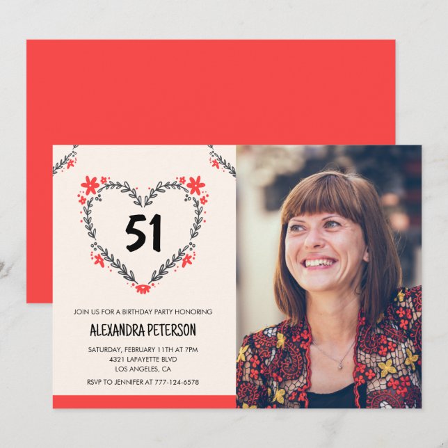 Elegant Red Floral Heart for her 51st birthday Invitation (Front/Back)