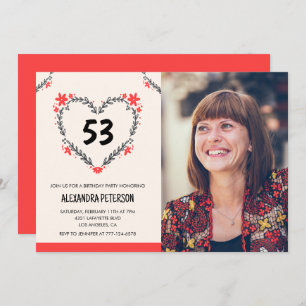 Elegant Red Floral Heart for her 53rd birthday Invitation
