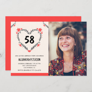 Elegant Red Floral Heart for her 58th birthday Invitation