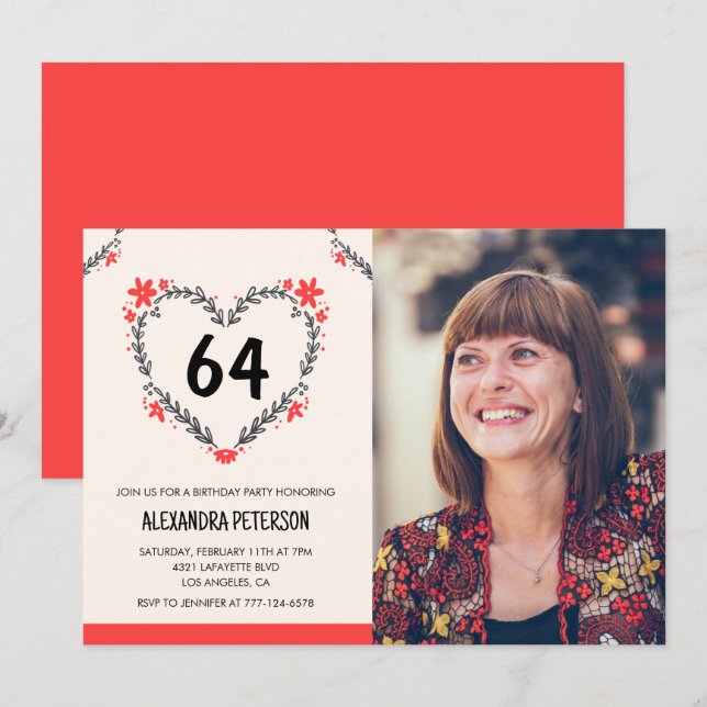 Elegant Red Floral Heart for her 64th birthday Invitation (Front/Back)