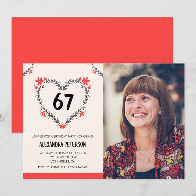 Elegant Red Floral Heart for her 67th birthday Invitation (Front/Back)