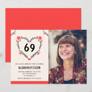 Elegant Red Floral Heart for her 69th birthday Invitation