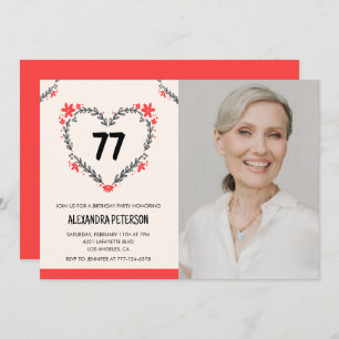 Elegant Red Floral Heart for her 77th birthday Invitation