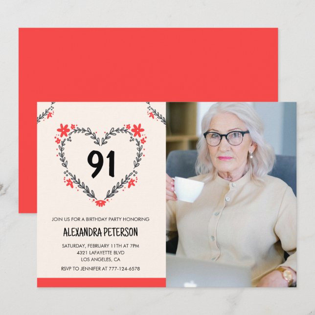 Elegant Red Floral Heart for her 91st birthday Invitation (Front/Back)