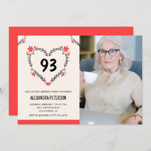 Elegant Red Floral Heart for her 93rd birthday Invitation