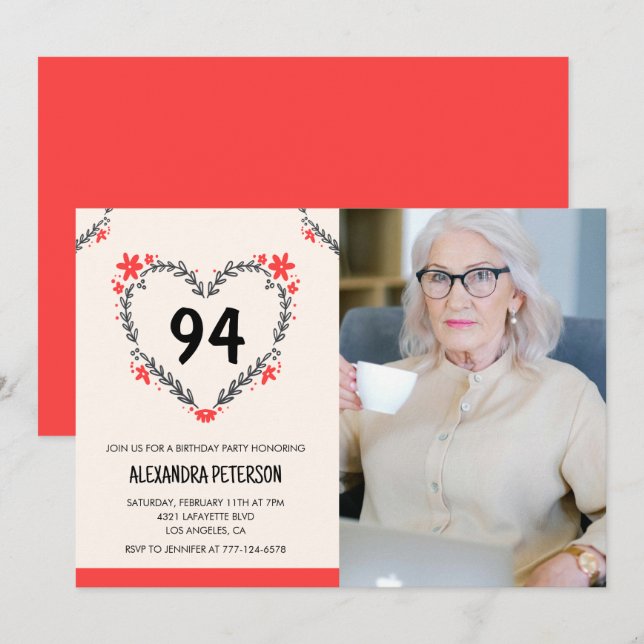 Elegant Red Floral Heart for her 94th birthday Invitation (Front/Back)