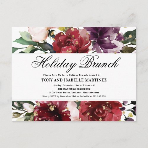 Elegant Red Floral Holiday Brunch Invitation Postcard