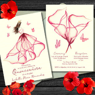 Elegant Red Floral Lily Watercolor Quinceañera Invitation