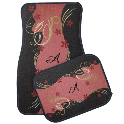 Elegant Red Floral Monogram  Car Floor Mat