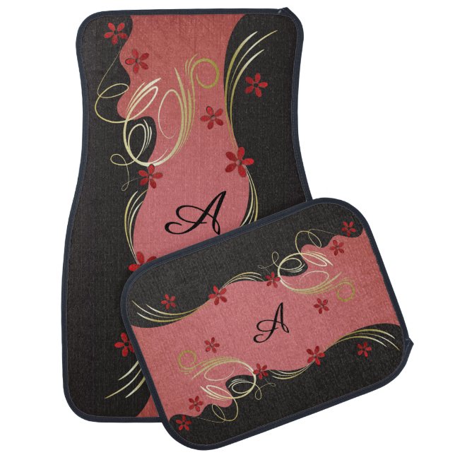 Elegant Red Floral Monogram  Car Floor Mat (Set)