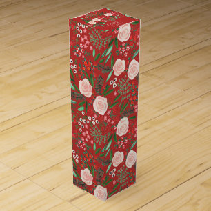 Elegant Red Floral Pattern Christmas Holiday Wine Box
