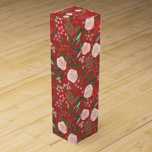 Elegant Red Floral Pattern Christmas Holiday  Wine Box