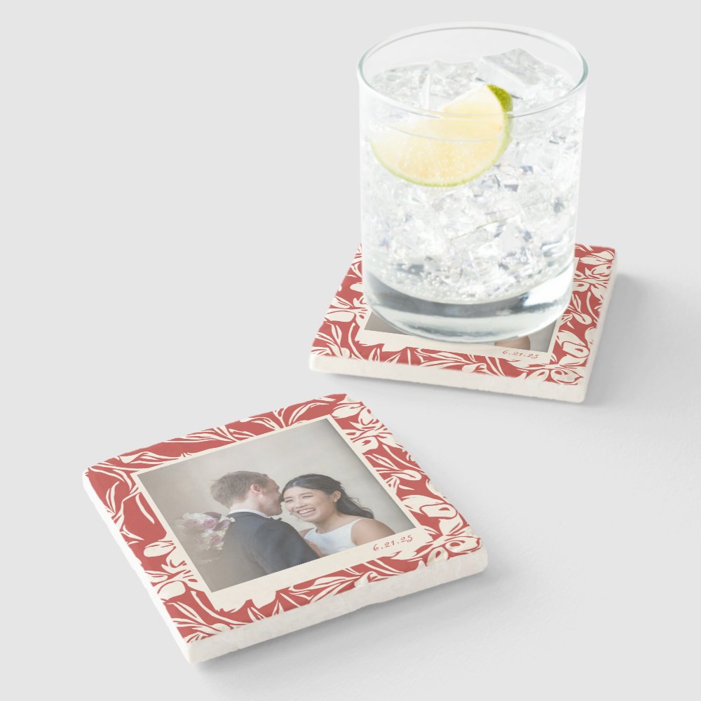 Disover Elegant Red Floral Pattern Custom Photo   Stone Coaster