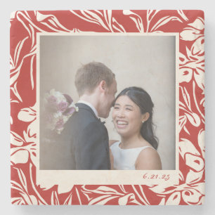 Elegant Red Floral Pattern Custom Photo   Stone Coaster