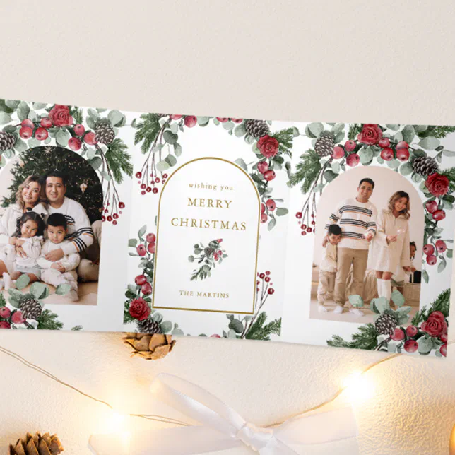 Elegant Red Floral Photo Christmas Tri-Fold Holiday Card (Creator Uploaded)