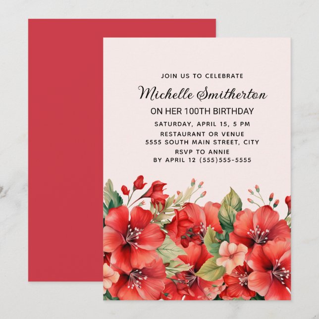 Elegant Red Floral Pink 100th Birthday Invitation (Front/Back)