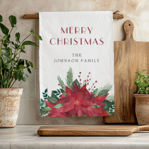 Elegant Red Floral Poinsettia Christmas Kitchen Towel