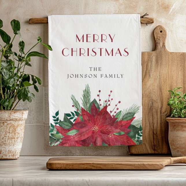 Elegant Red Floral Poinsettia Christmas Kitchen Towel (Elegant Red Floral Poinsettia Christmas Kitchen Towel)