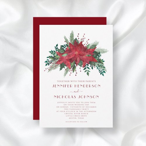 Elegant Red Floral Poinsettia Christmas Wedding  Invitation
