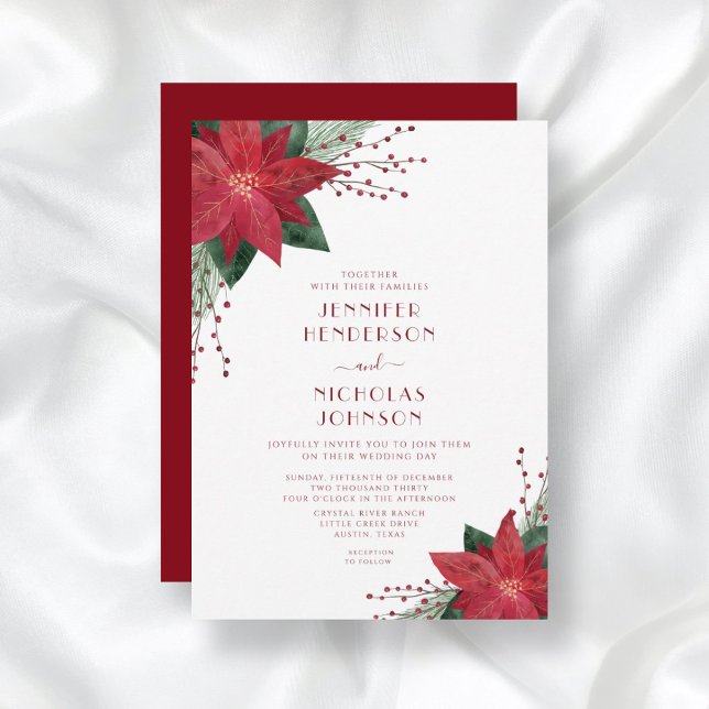 Elegant Red Floral Poinsettia Christmas Wedding Invitation (Creator Uploaded)