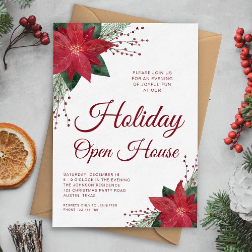 Elegant Red Floral Poinsettia Holiday Open House Invitation