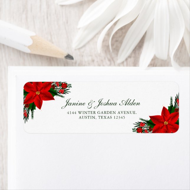 Elegant Red Floral Poinsettia Pine Greenery Leave Label (Insitu)
