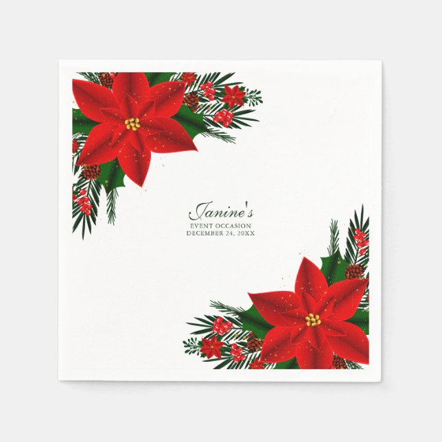 Elegant Red Floral Poinsettia Pine Greenery Leaves Napkins (Front)