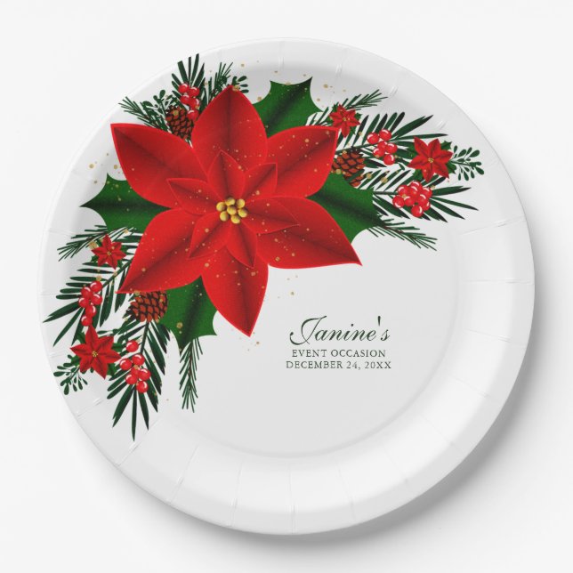 Elegant Red Floral Poinsettia Pine Greenery Leaves Paper Plates (Front)