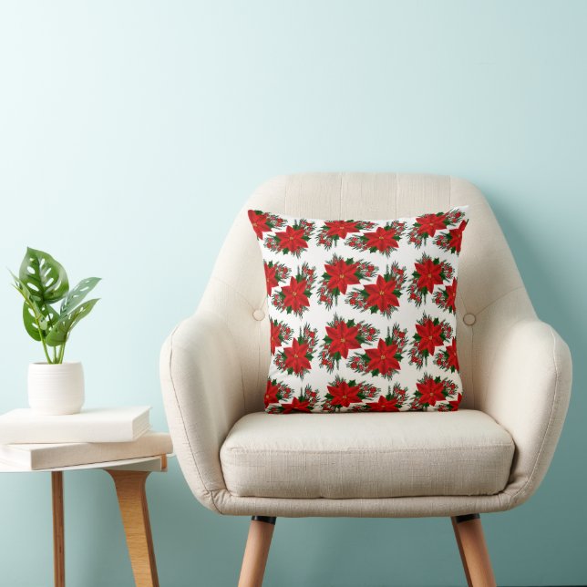 Elegant Red Floral Poinsettia Pine Greenery Leaves Throw Pillow (Chair)
