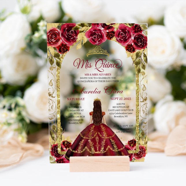 Elegant Red Floral Princess Gold Arch Quinceanera Acrylic Invitations (Creator Uploaded)