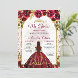 Elegant Red Floral Princess Gold Arch Quinceanera Invitation | Zazzle