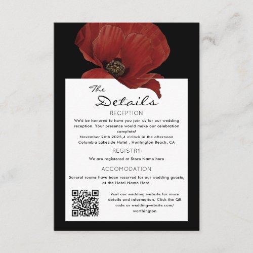 Elegant  Red Floral QR Code Wedding Guest Details Enclosure Card