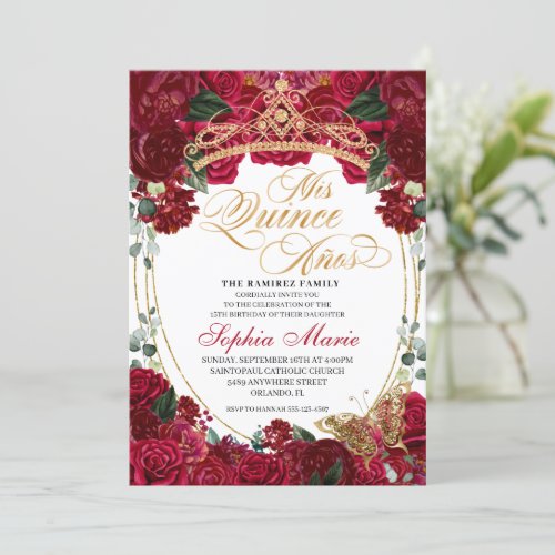 Elegant Red Floral Quinceanera Birthday Invitation