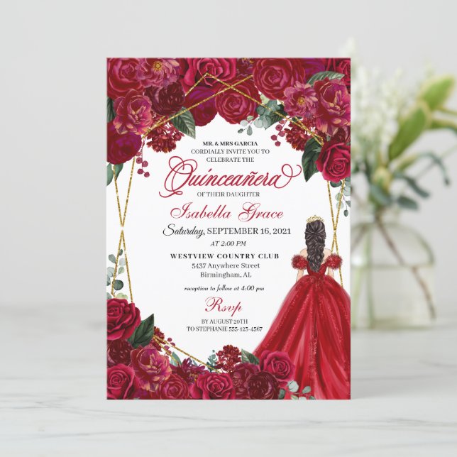 Elegant Red Floral Quinceanera Birthday Invitation (Standing Front)