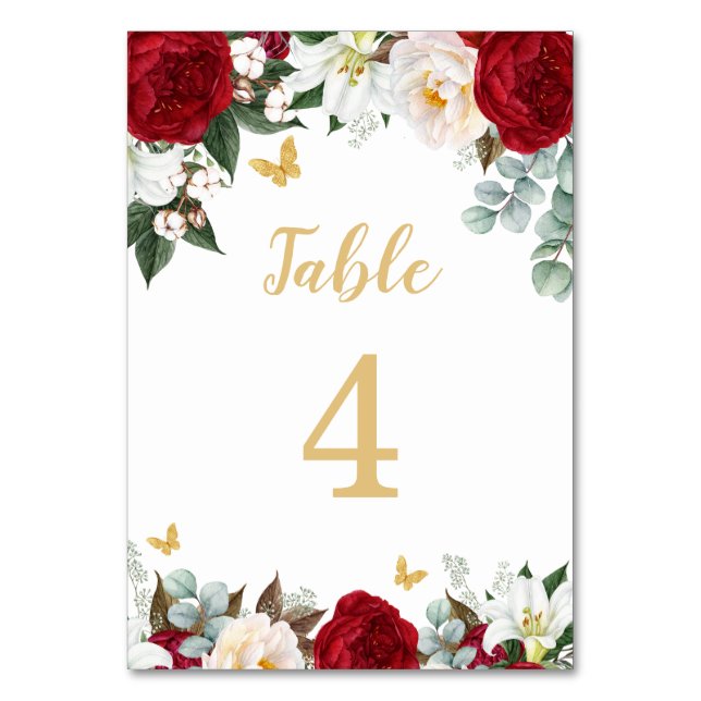 Elegant Red Floral Quinceañera Table Number (Front)