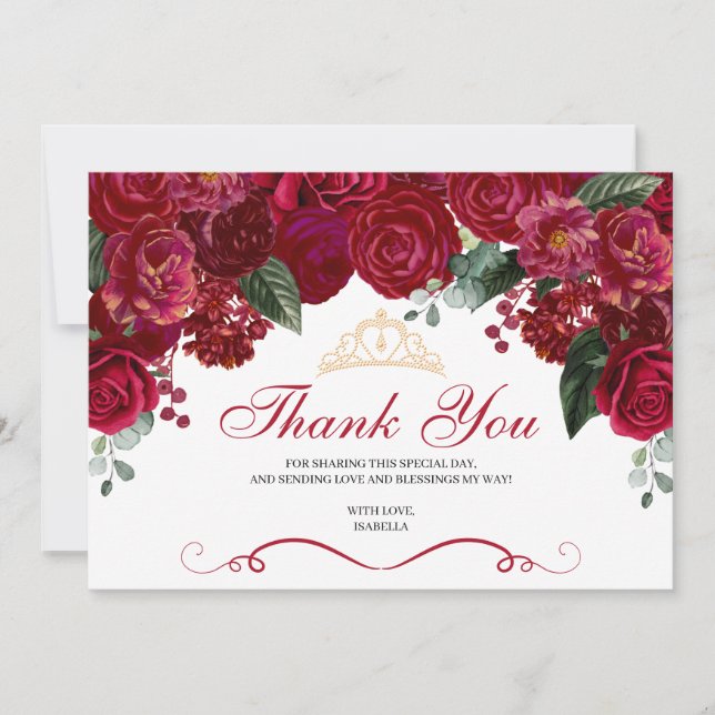 Elegant Red Floral Quinceanera Thank You (Front)