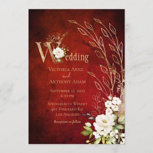 Elegant Red Floral Rustic Script Wedding Invitation