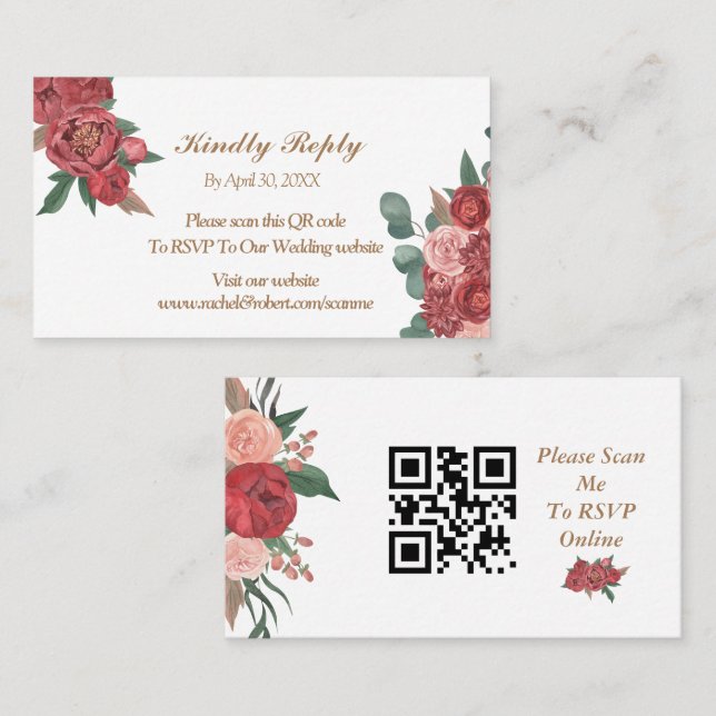 Elegant Red Floral Rustic Wedding RSVP Card (Front/Back)